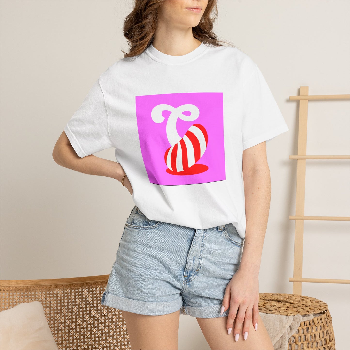 Front view of a relaxed-fit Candy Crush T-Shirt featuring a vibrant candy swirl design.