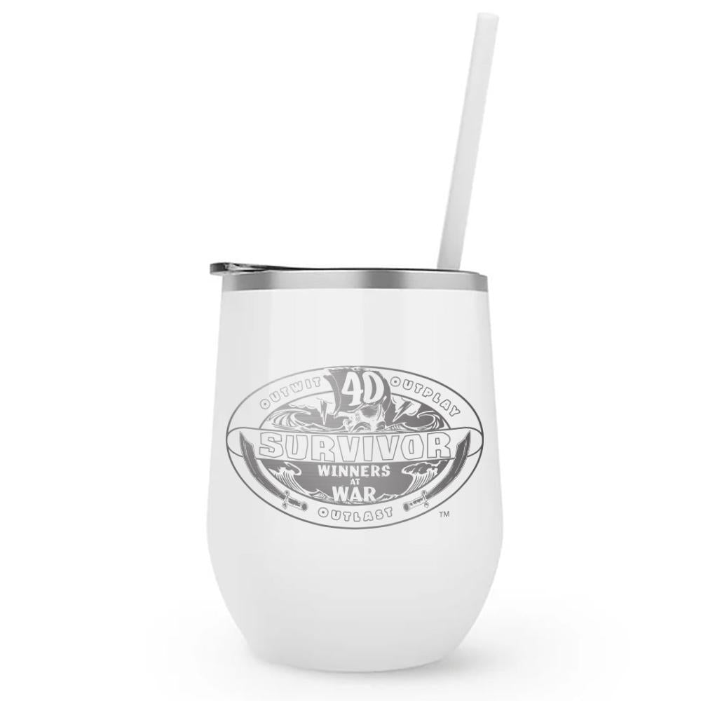 Survivor Season 40 Winners at War Logo 12 oz Stainless Steel Wine Tumbler with Straw | Official CBS Entertainment Store