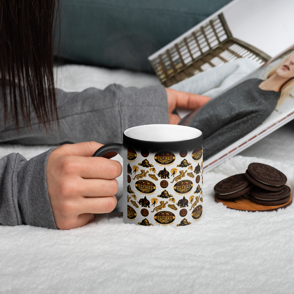 Survivor 20 Years 40 Seasons All Over Black and Yellow Tribal Pattern 11 oz Black Color Changing Mug