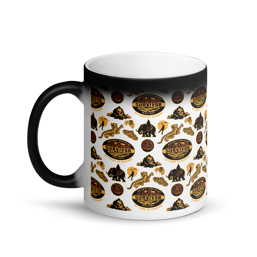 Survivor 20 Years 40 Seasons All Over Black and Yellow Tribal Pattern 11 oz Black Color Changing Mug | Official CBS Entertainment Store