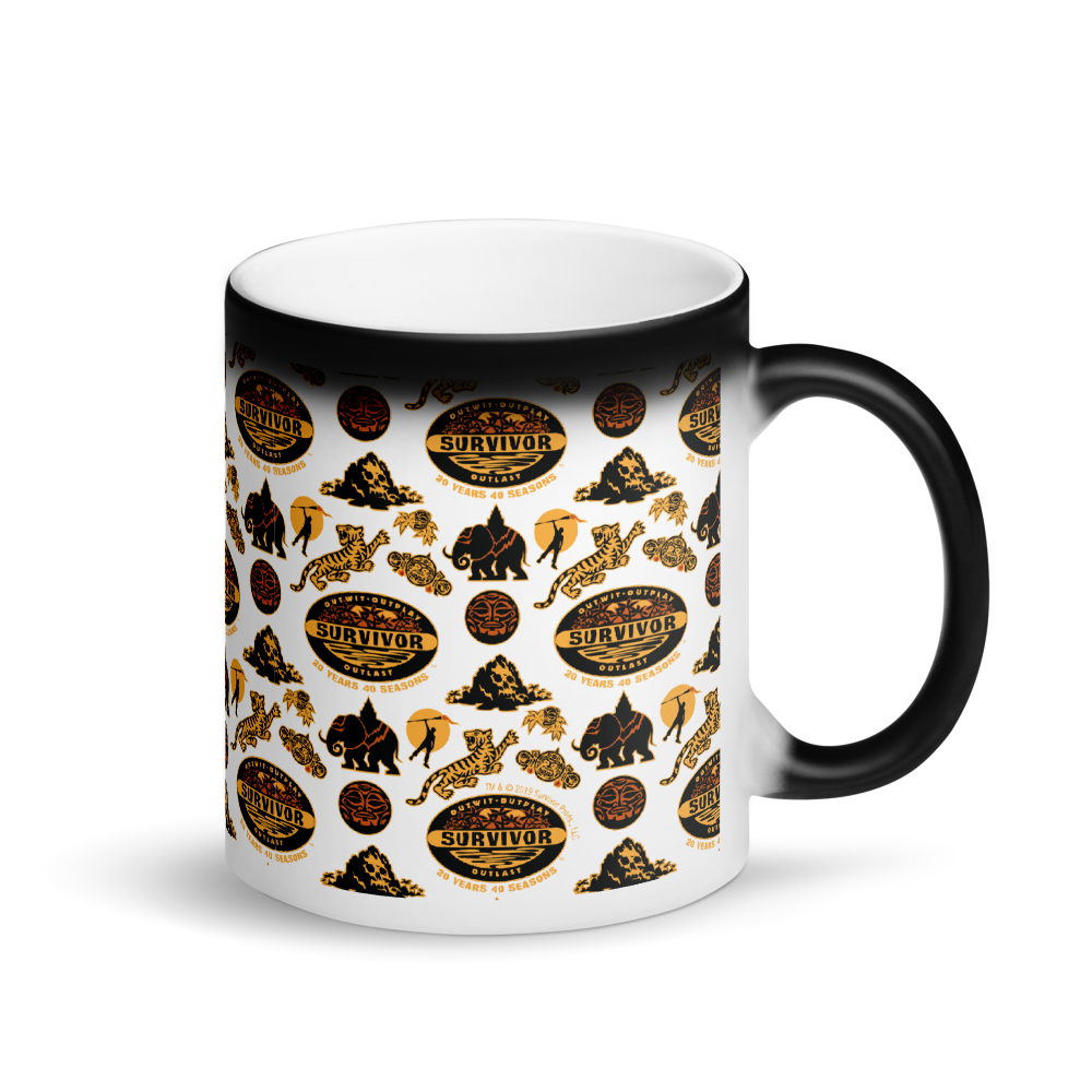 Survivor 20 Years 40 Seasons All Over Black and Yellow Tribal Pattern 11 oz Black Color Changing Mug | Official CBS Entertainment Store
