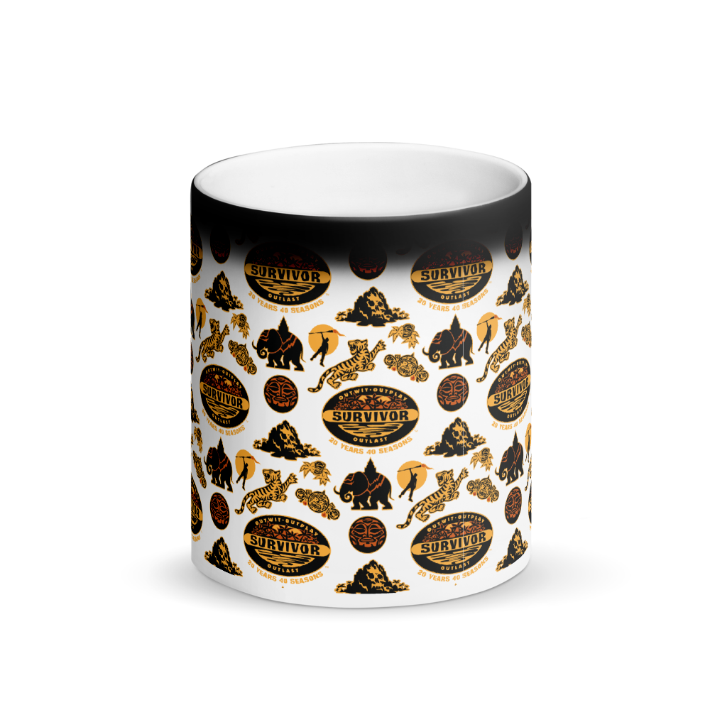 Survivor 20 Years 40 Seasons All Over Black and Yellow Tribal Pattern 11 oz Black Color Changing Mug | Official CBS Entertainment Store
