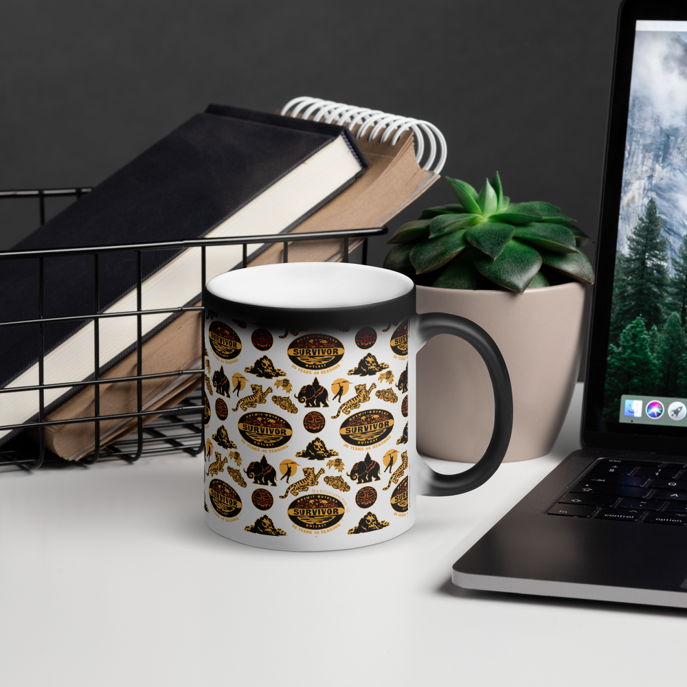 Survivor 20 Years 40 Seasons All Over Black and Yellow Tribal Pattern 11 oz Black Color Changing Mug | Official CBS Entertainment Store