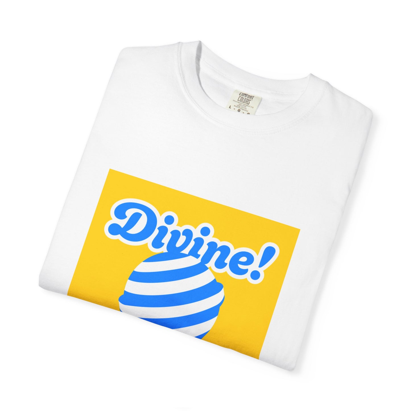 Close-up of the retro swirl design with Divine! text on the soft garment-dyed cotton fabric