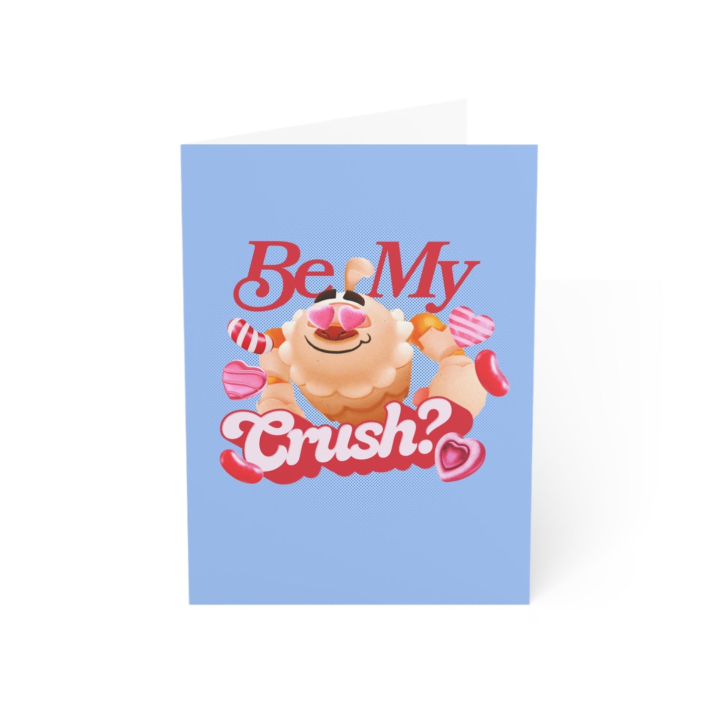 Close up of the vibrant candy icons and Be My Crush text on the greeting card.