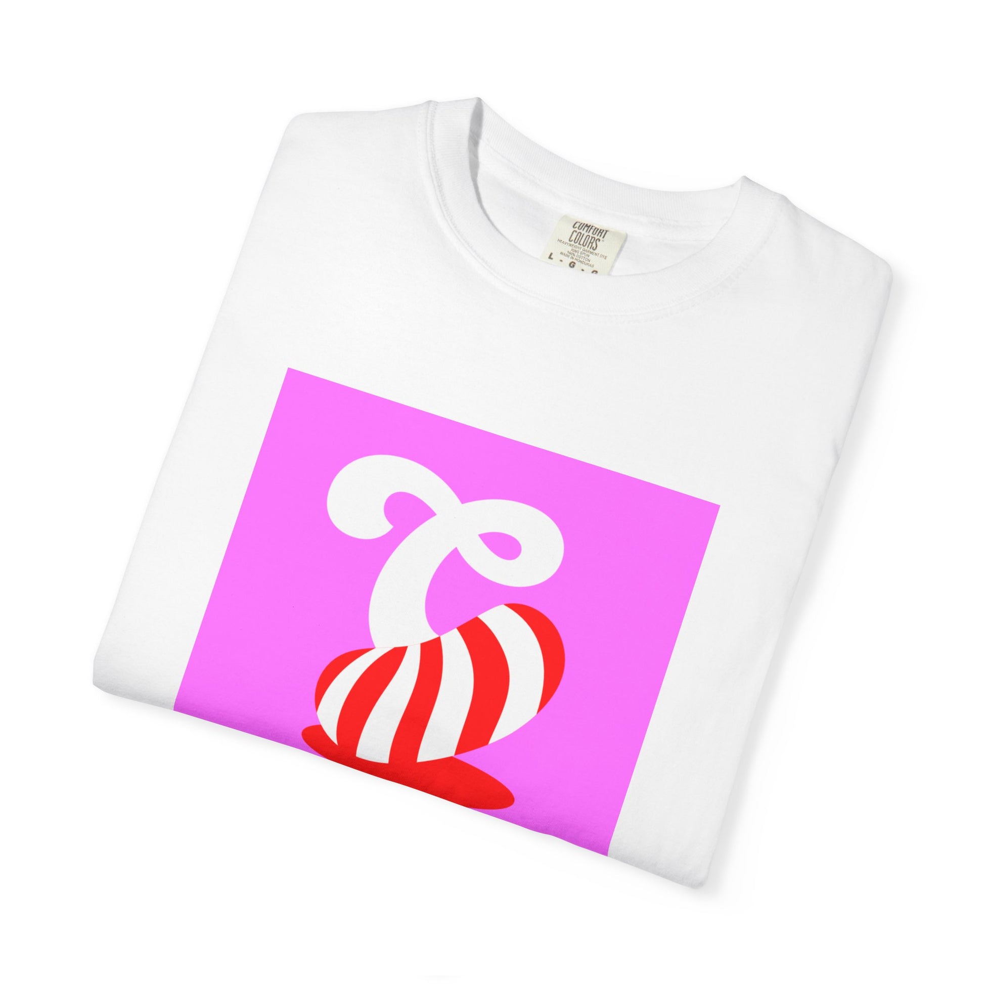 Detail shot of the heavyweight cotton fabric and double-needle stitching on a Candy Crush shirt.