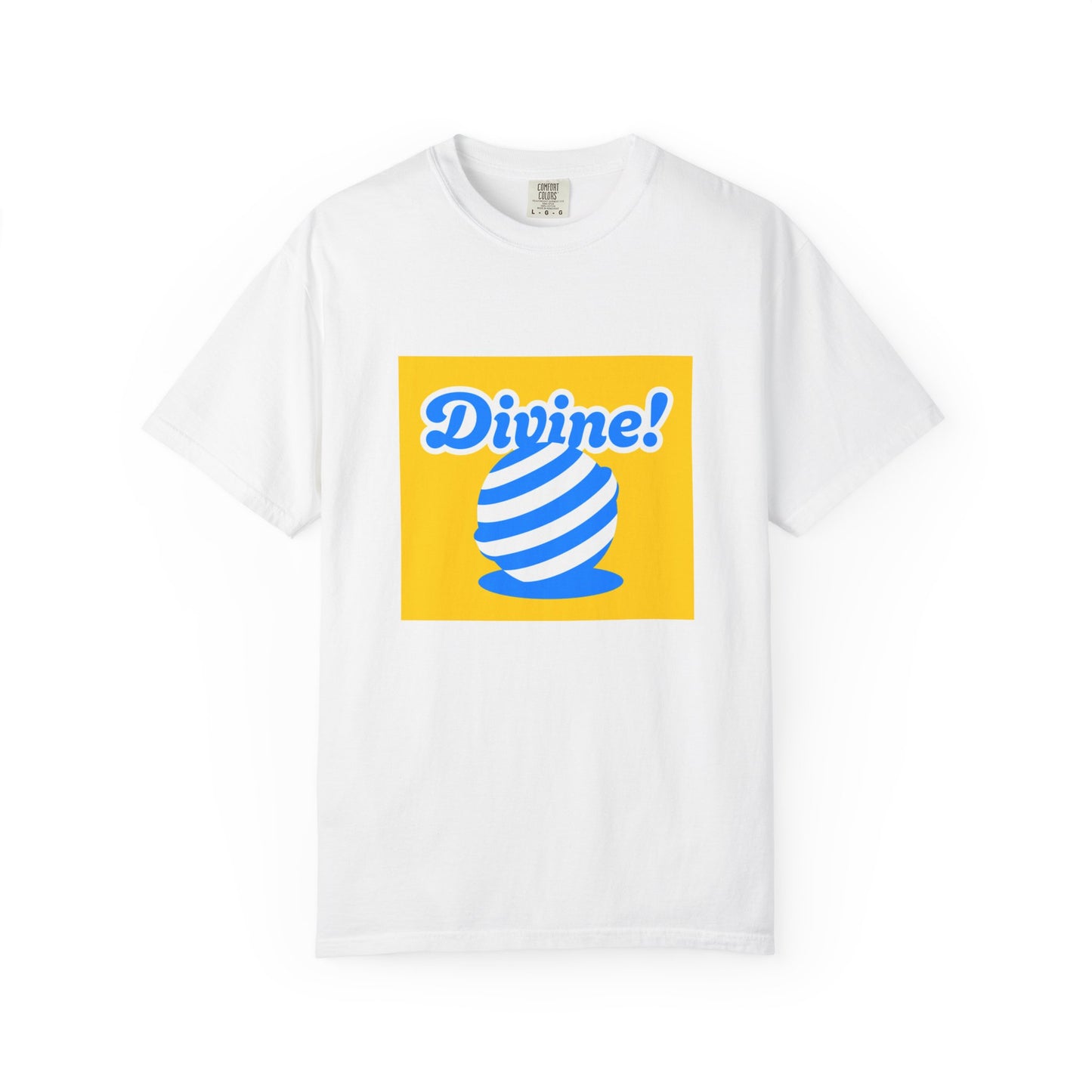 A person wearing the blue and yellow Candy Crush Divine! graphic T-shirt in a relaxed setting