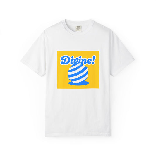 A person wearing the blue and yellow Candy Crush Divine! graphic T-shirt in a relaxed setting
