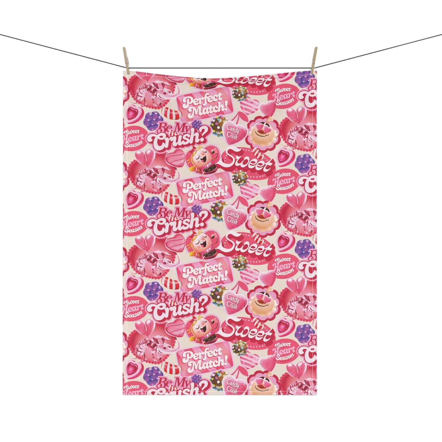 Candy Crush Be My Crush Kitchen Towel featuring hot pink and electric blue candy icons on a white background