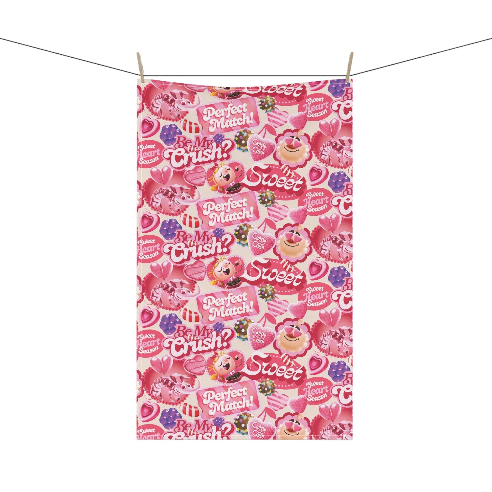 Candy Crush Be My Crush Kitchen Towel featuring hot pink and electric blue candy icons on a white background