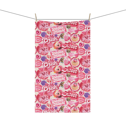 Candy Crush Be My Crush Kitchen Towel featuring hot pink and electric blue candy icons on a white background