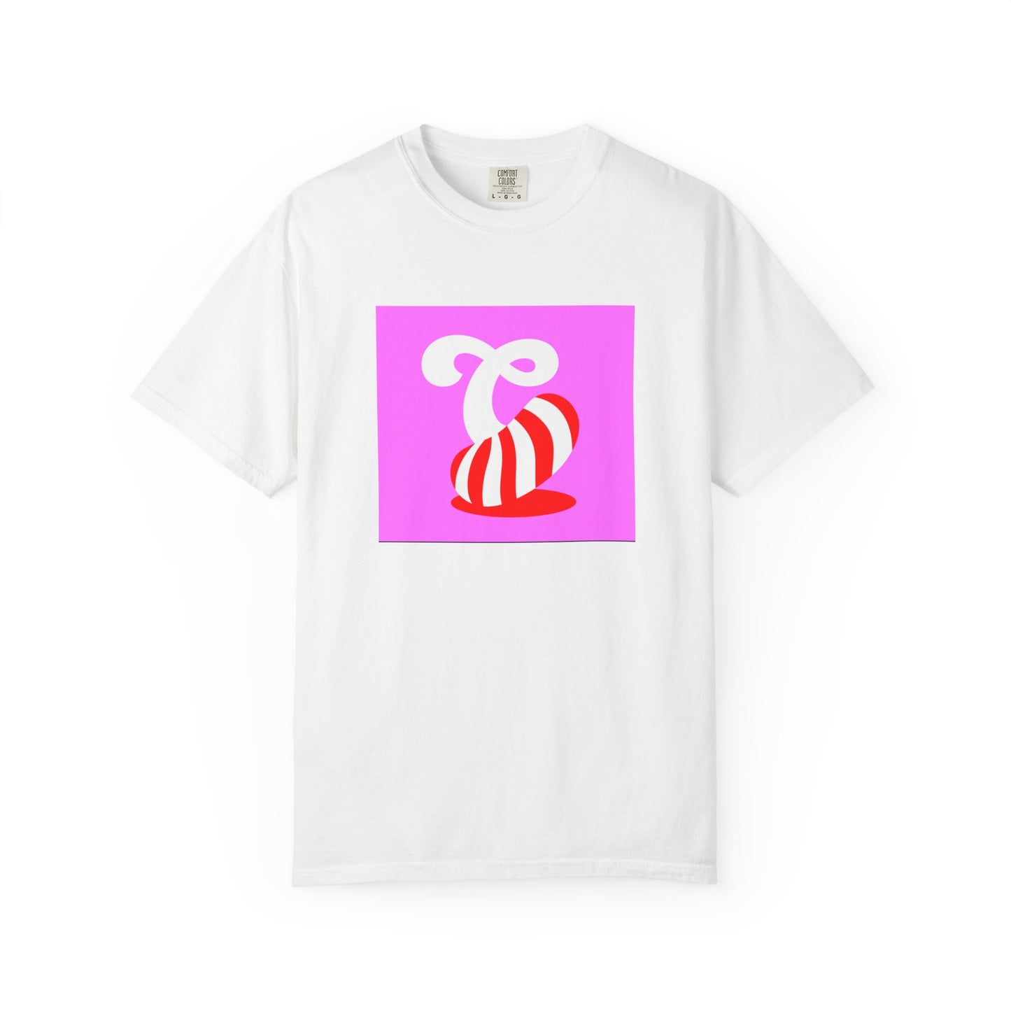 A person wearing a pink Candy Crush Candy Swirl T-Shirt in a bright, colorful setting.