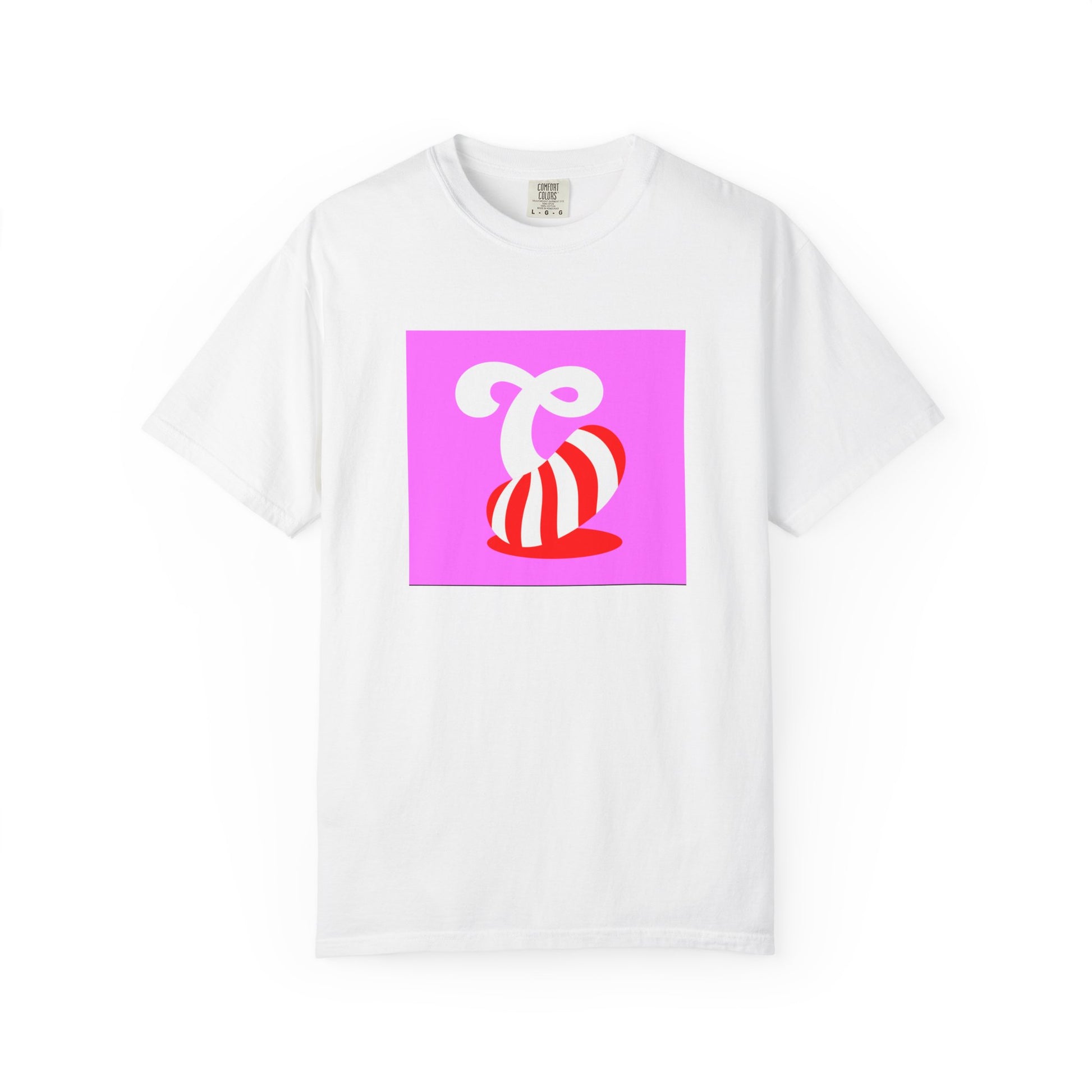 A person wearing a pink Candy Crush Candy Swirl T-Shirt in a bright, colorful setting.