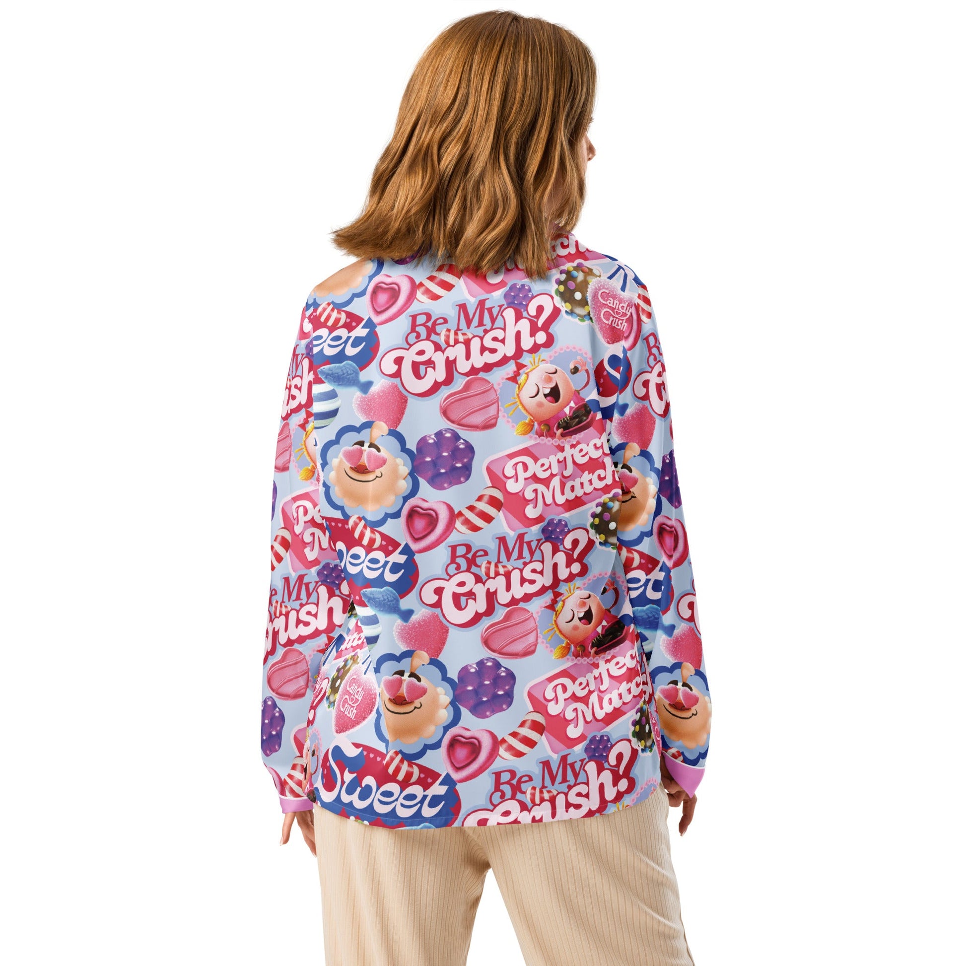 Close-up of the soft fabric texture and the iconic candy shapes on the Be My Crush? design.