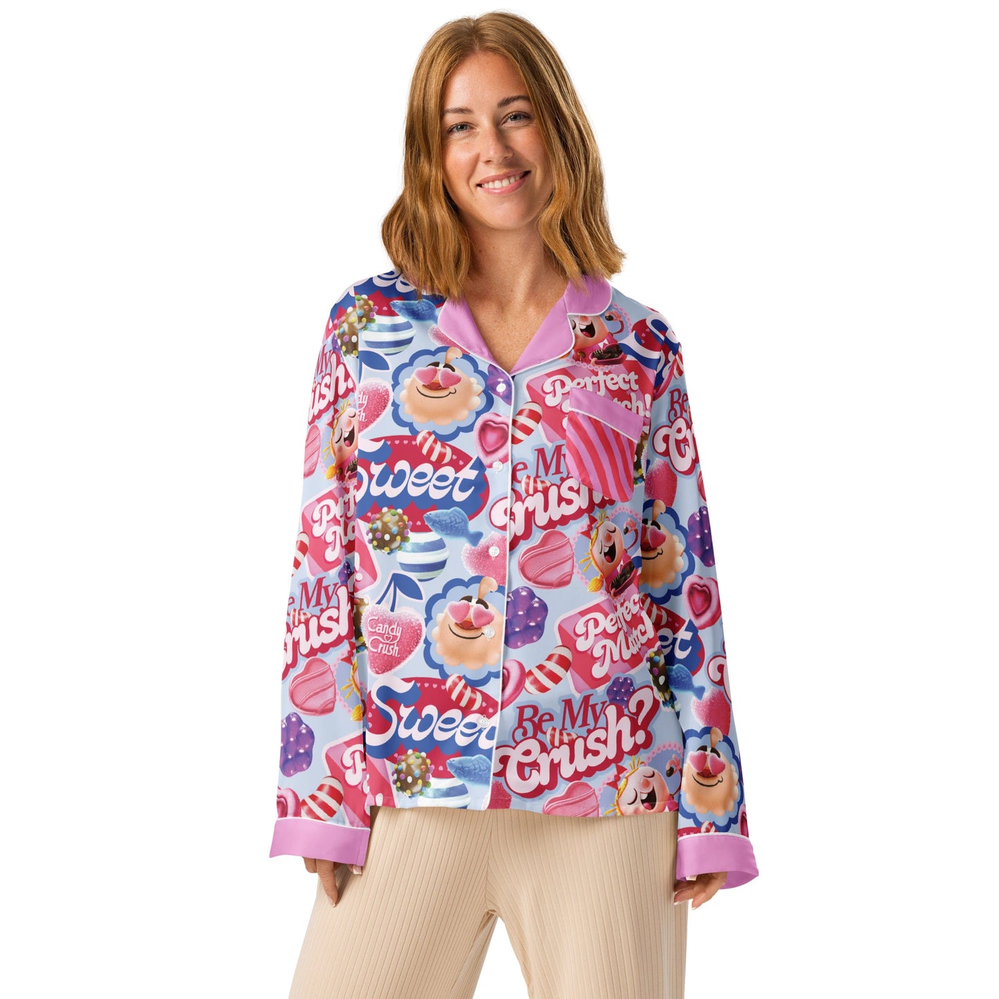 Front view of the Candy Crush long sleeve tee showing the electric pink and candy red graphic design.