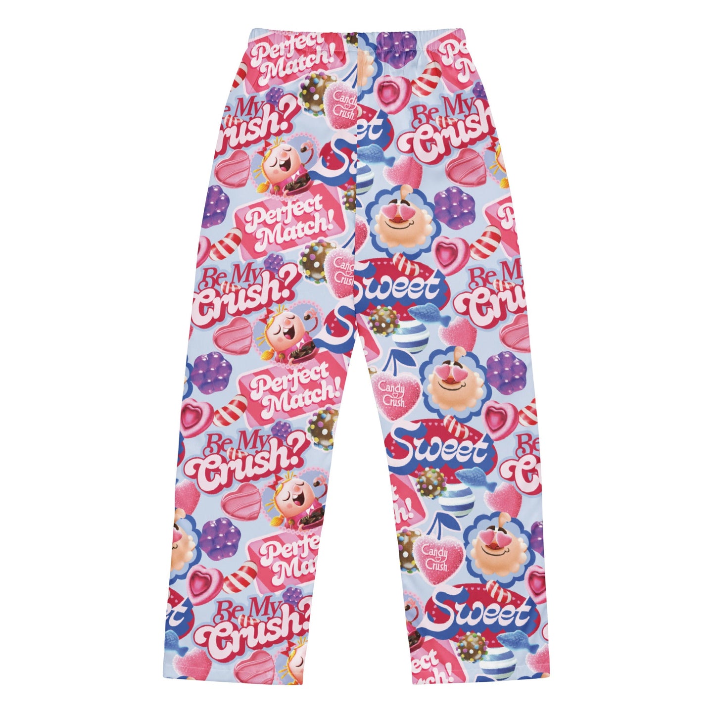 Women's Candy Crush Valentine's pajama pants with red and pink candy patterns