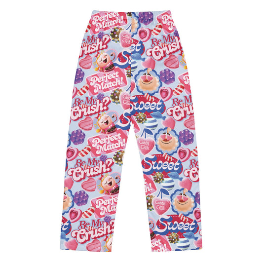 Women's Candy Crush Valentine's pajama pants with red and pink candy patterns