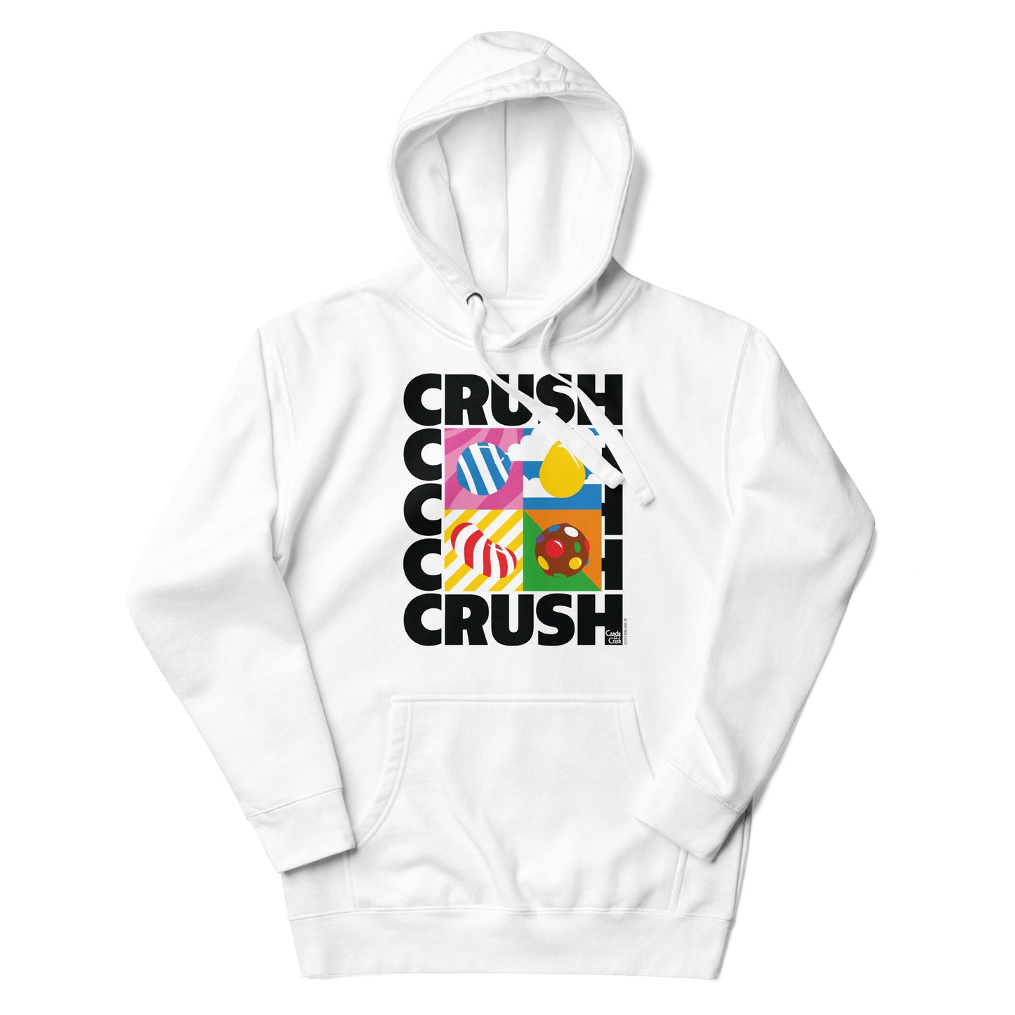 Front view of a cozy white hoodie featuring the iconic Candy Crush logo in hot pink and electric blue.