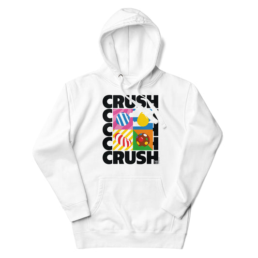 Front view of a cozy white hoodie featuring the iconic Candy Crush logo in hot pink and electric blue.