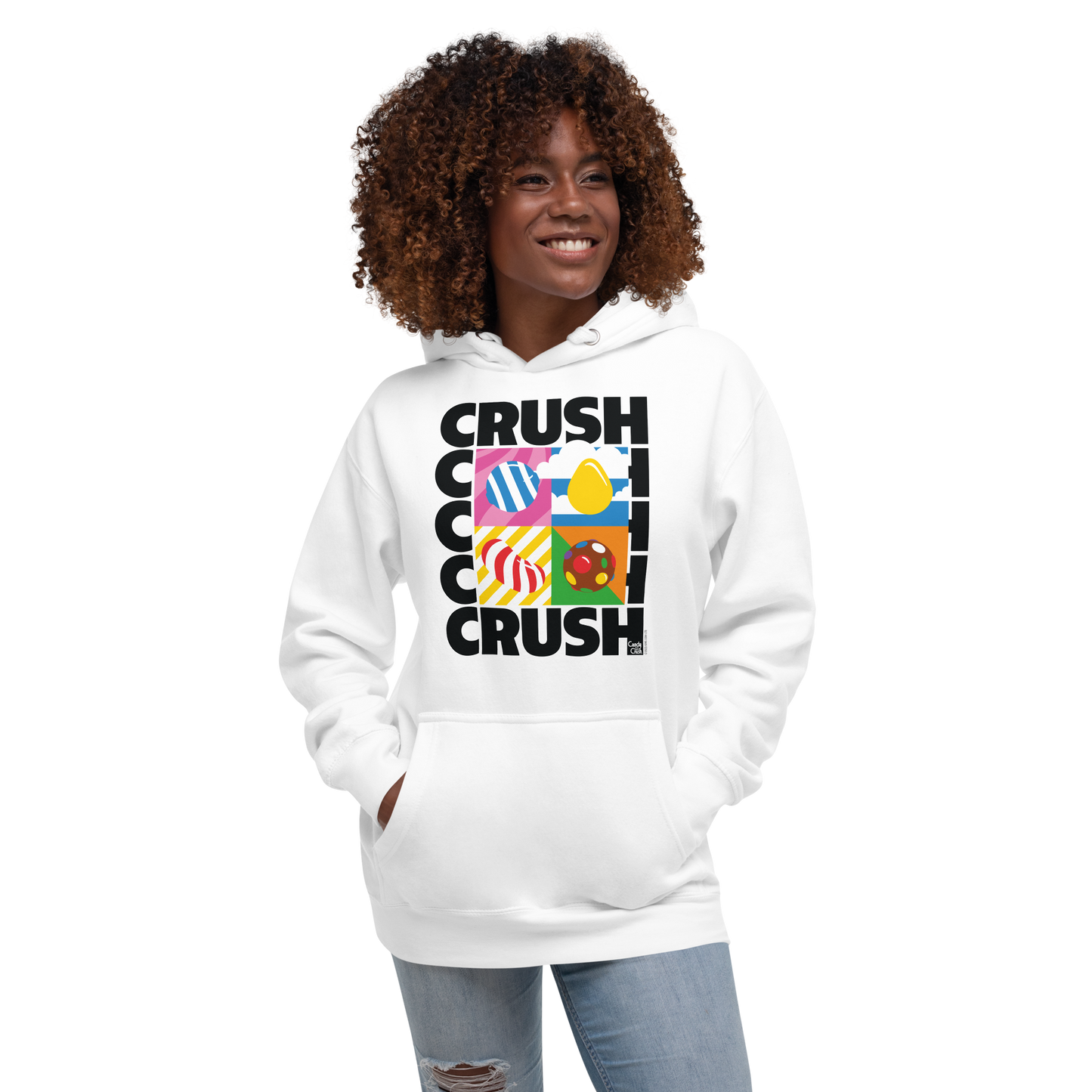 Close up of the vibrant Candy Crush logo printed on a soft fleece pullover sweatshirt.