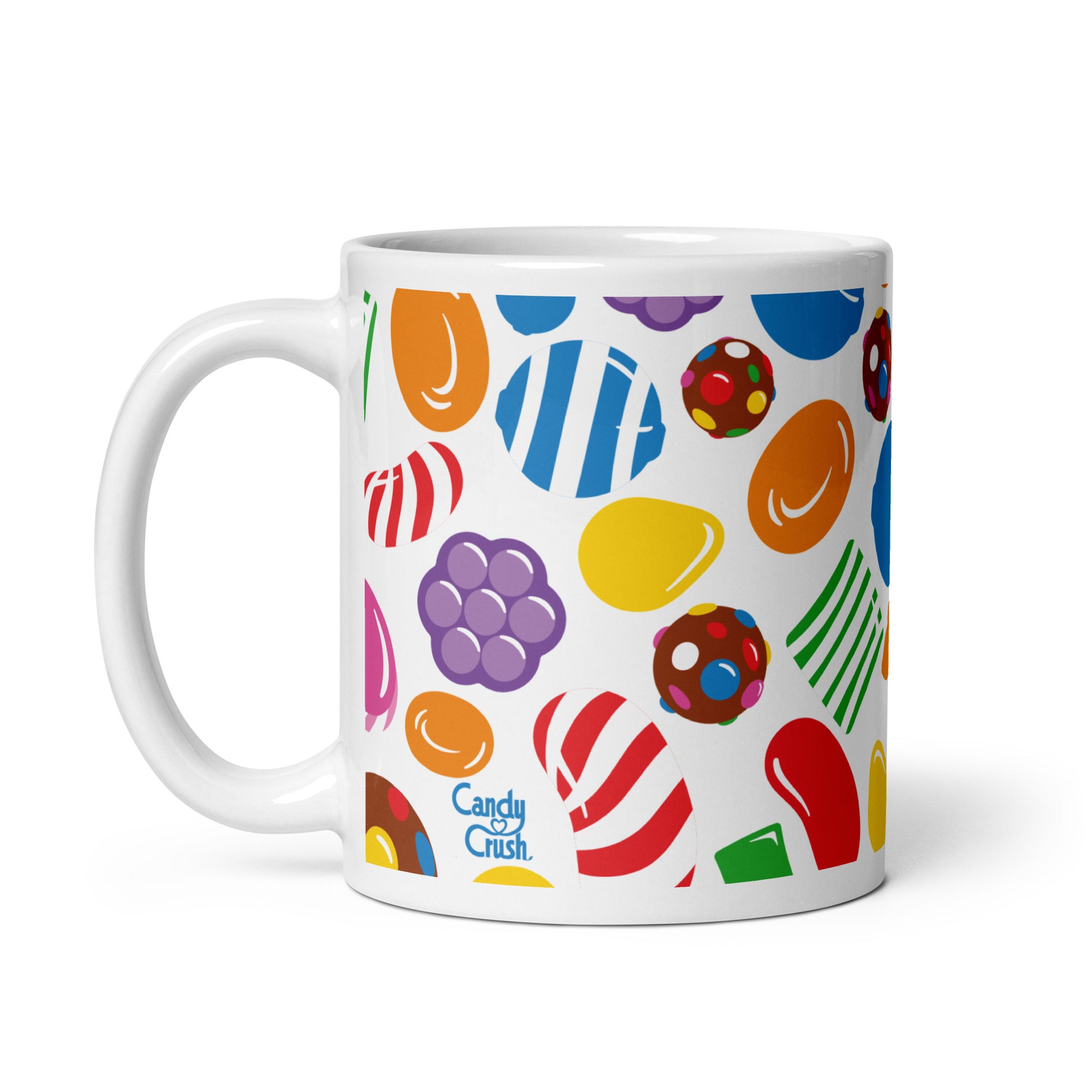 A white ceramic mug featuring the blue Javier the Yeti character from Candy Crush Saga against a clean background.