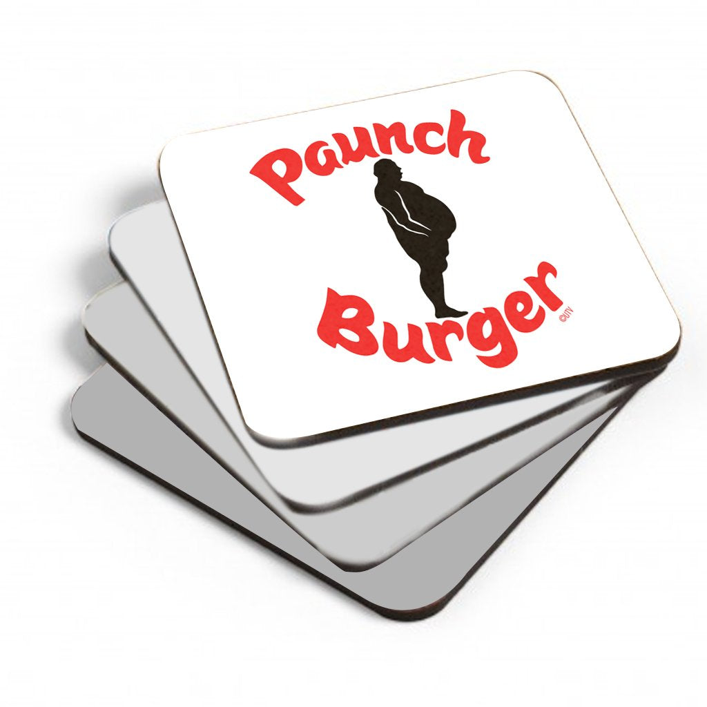 Parks and Recreation Paunch Burger Coasters with Mahogany Holder - Set of 4