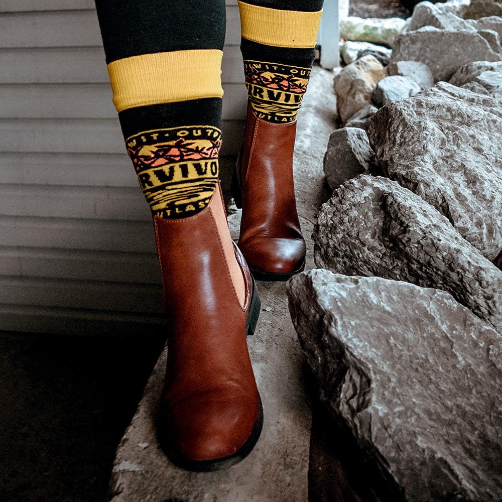 Survivor 20 Years 40 Seasons All Over Black and Yellow Tribal Pattern Socks | Official CBS Entertainment Store