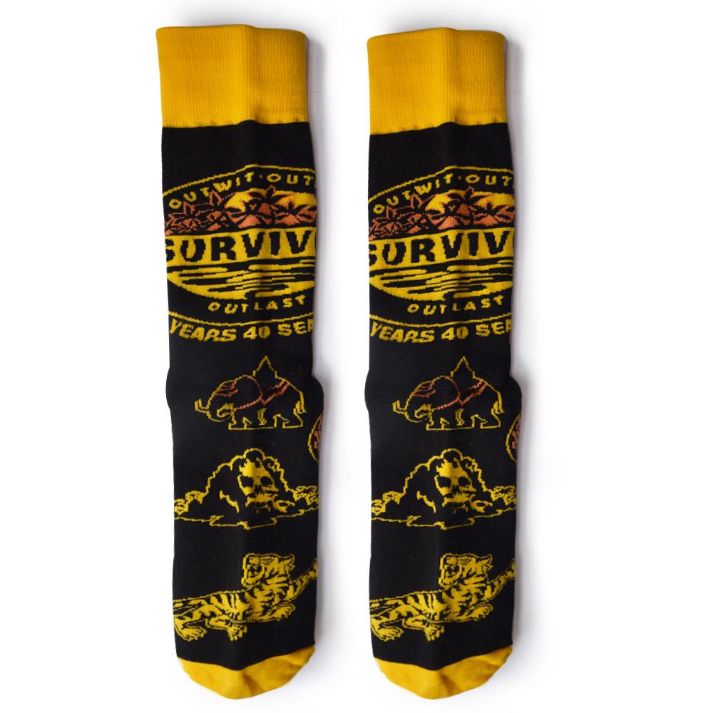 Survivor 20 Years 40 Seasons All Over Black and Yellow Tribal Pattern Socks | Official CBS Entertainment Store