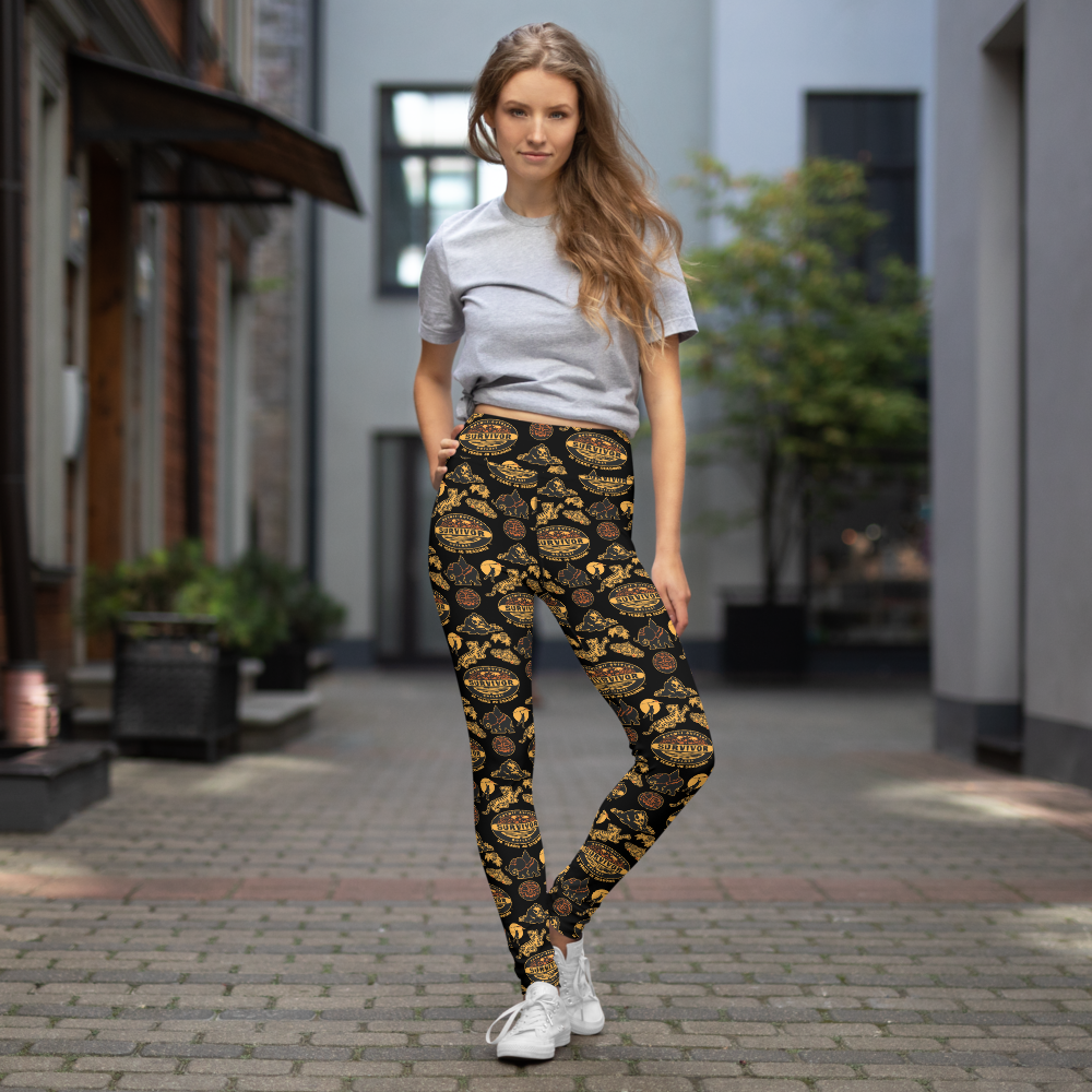 Survivor 20 Years 40 Seasons All Over Black and Yellow Tribal Pattern Women's All-Over Print Yoga Leggings