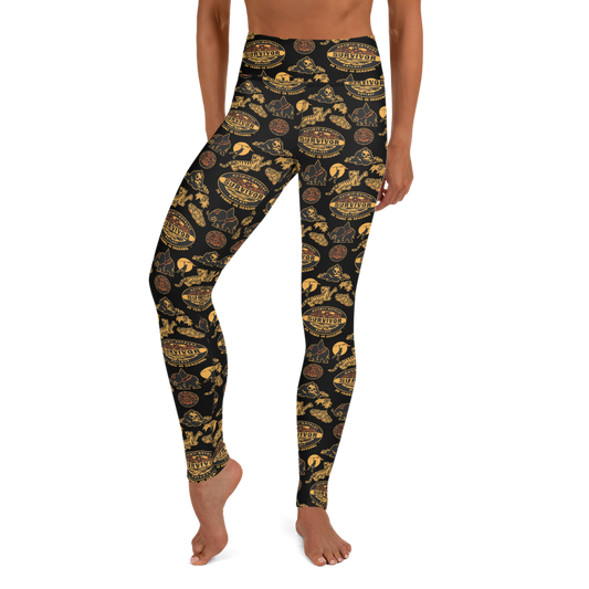 Survivor 20 Years 40 Seasons All Over Black and Yellow Tribal Pattern Women's All-Over Print Yoga Leggings-1