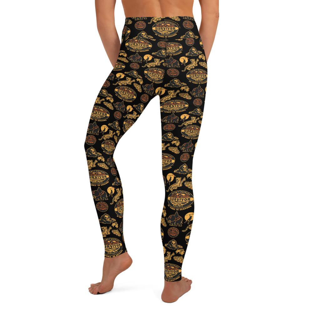 Survivor 20 Years 40 Seasons All Over Black and Yellow Tribal Pattern Women's All-Over Print Yoga Leggings