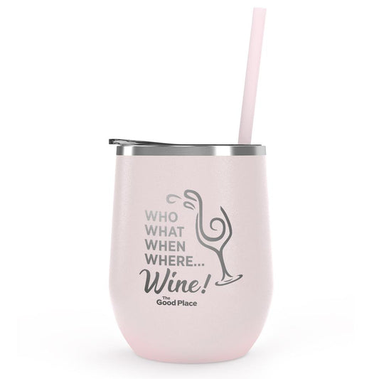 The Good Place Who, What, When, Where, Wine Laser Engraved Wine Tumbler with Straw-0