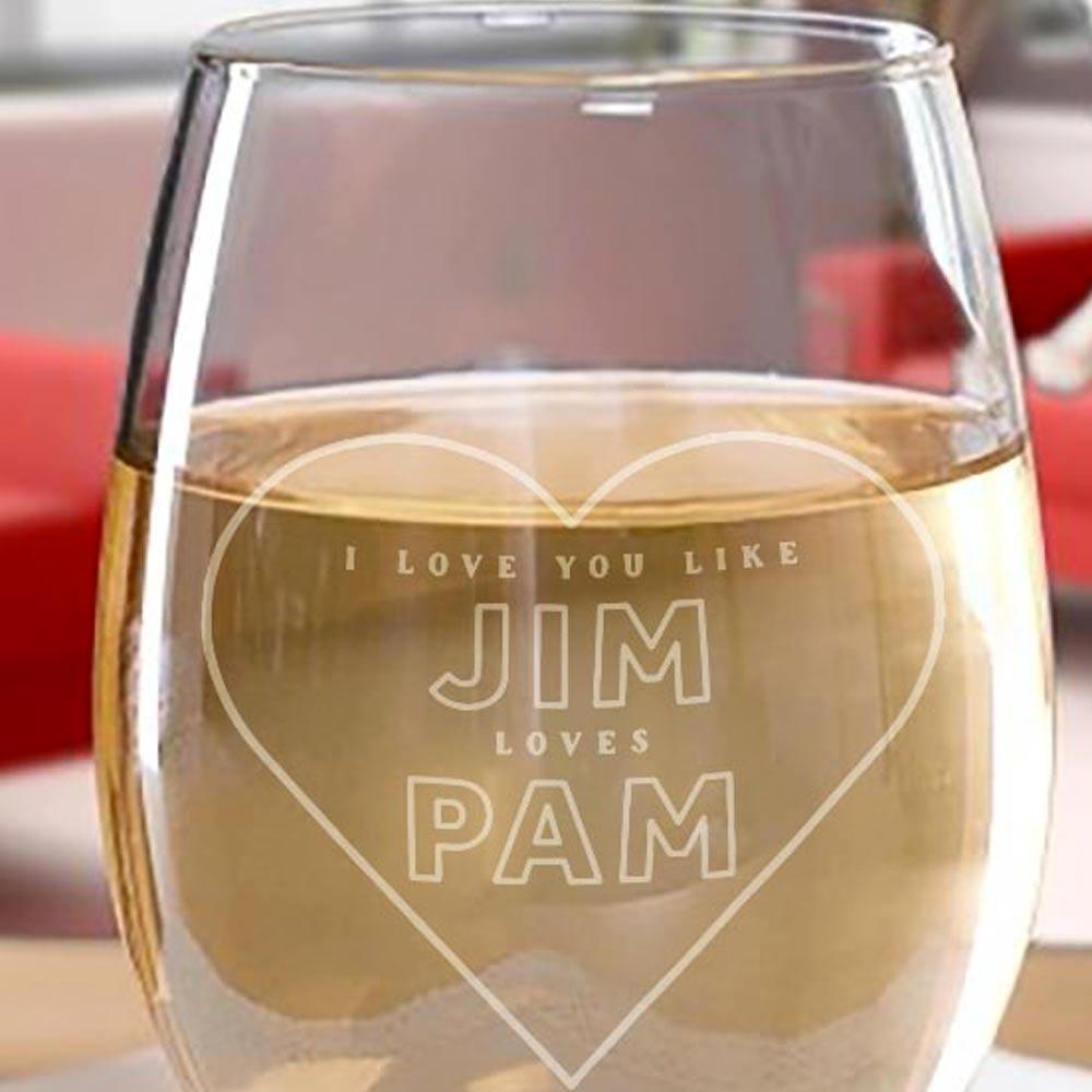 The Office Jim Loves Pam Stemless Wine Glass