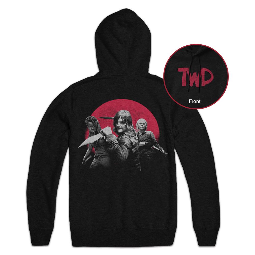 Daryl, Michonne, and Carol Black Hoodie Featuring Red Moon and TWD Logo