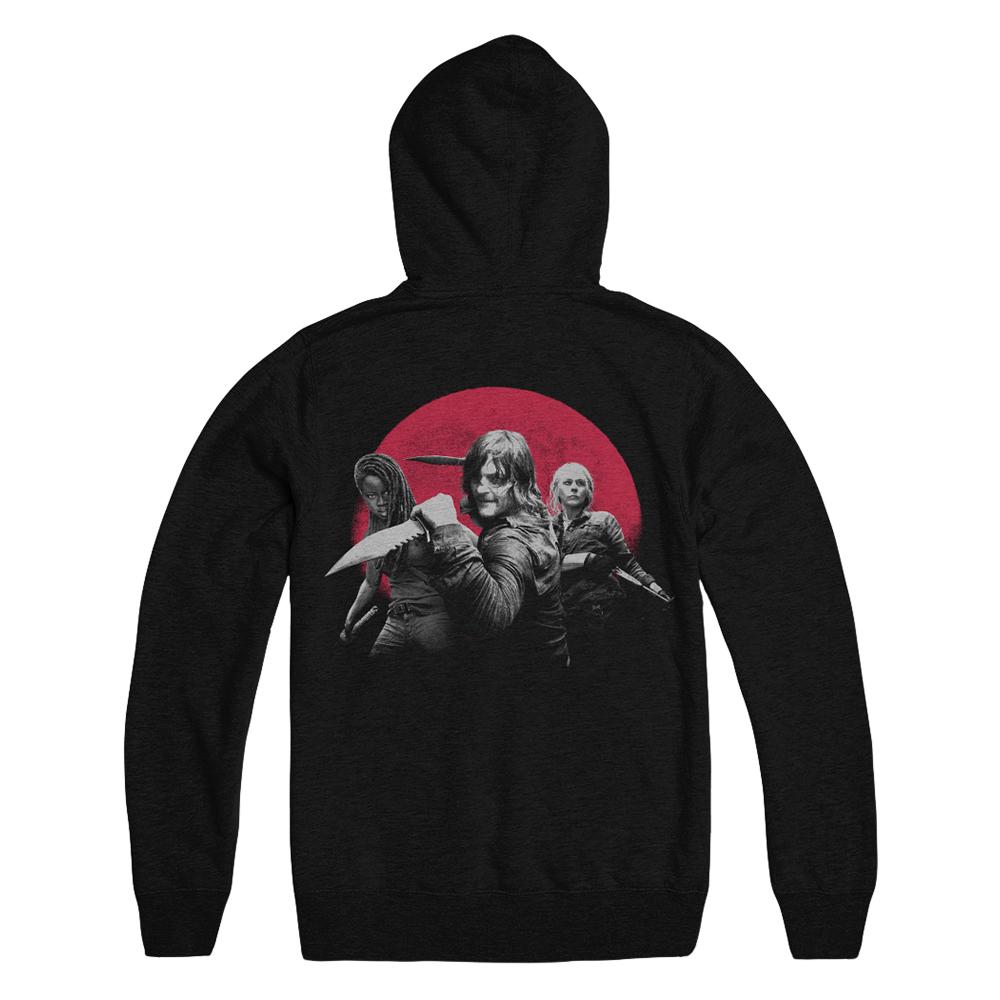 Daryl, Michonne, and Carol Black Hoodie Featuring Red Moon and TWD Logo